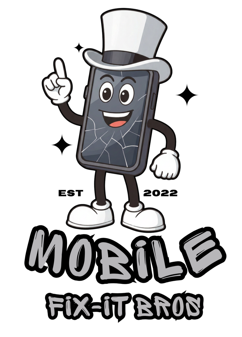 Mobile Fix-it Bros Logo showing a cracked screen on two phones needing repairs.